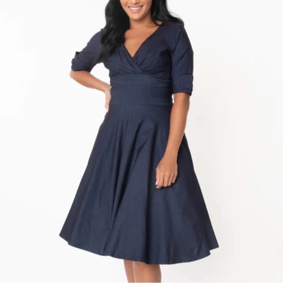 Unique Vintage Dresses & Skirts - NWT Unique Vintage Delores Retro Swing Dress in dark navy denim color size 18/2X